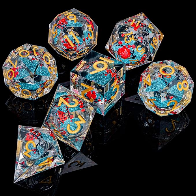 ARUOHHA DND Resin Dice Plum Blossom Liquid Core Dice Golden Blue Sharp Edged Polyhedral Dragons Dice Set with Gift Box, Dungeons D and D Dice Role Playing Game D20 D12 D10 D8 D6 D4