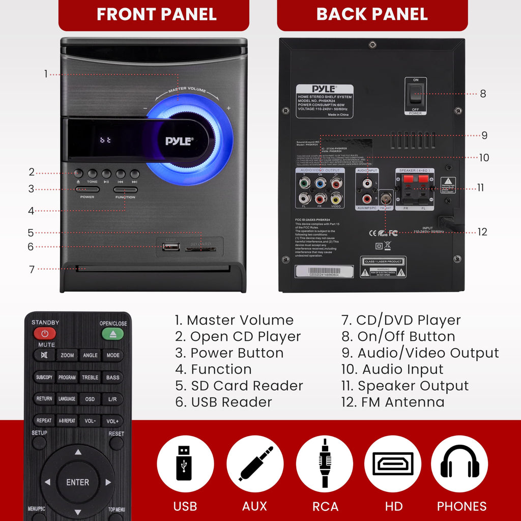Pyle Home Stereo Shelf System – 30W Bluetooth CD Player with FM Radio, USB/SD Playback, Dual 2-Way Speakers, Remote Control, Clear Sound Audio System for Home Entertainment – (Black) PHSKR24