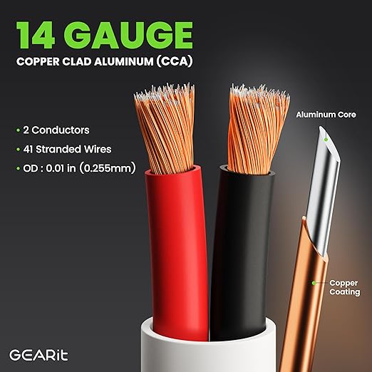 GEARit 14 Gauge Speaker Wire (200 Feet), Black Speaker Cable for Indoor Home Theater or Car Audio, CL2 Rated in-Wall Fire Safety Wire, 2 Conductors, CCA