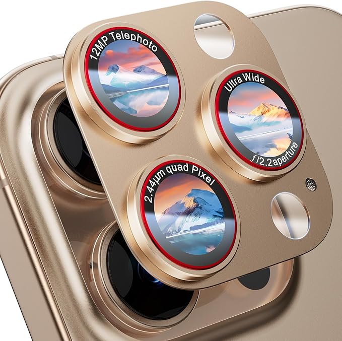 Camera Lens Protector for iPhone 16 Pro Max/iPhone 16 Pro/iPhone 15 Pro Max/iPhone 15 Pro/iPhone 14 Pro Max/14 Pro , [Military Grade Shatterproof][Full Coverage Metal] [Strong Adsorption] 9H Metal Tempered Glass Camera Screen Cover, [Case-Friendly], Gold