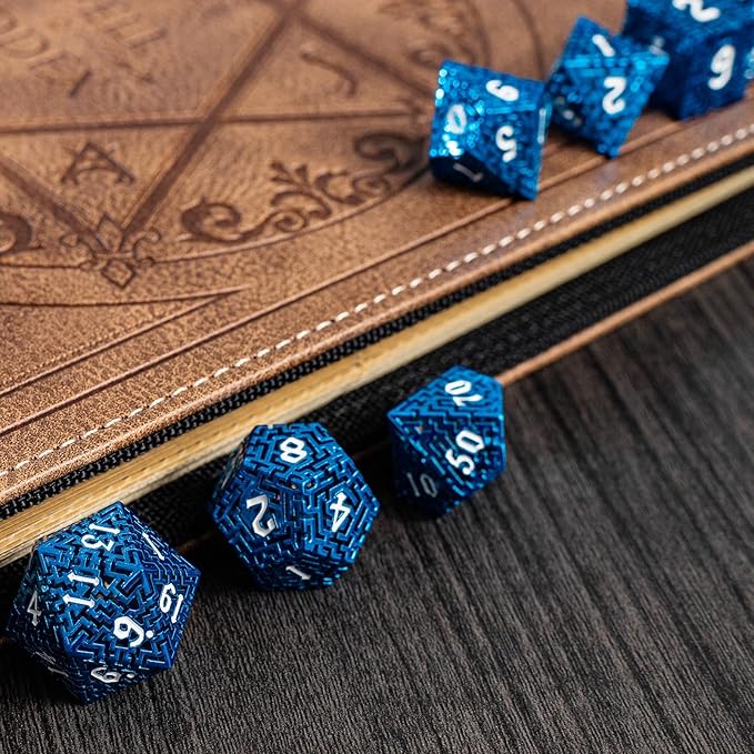 Blue Metal Hollow DND Dice Set (Wizard) Metallic Luster Maze Design with Storage Box - Balanced Weight 7 Piece Zinc Alloy, designed for Dungeons and Dragons DMs and Players RPG Accessories