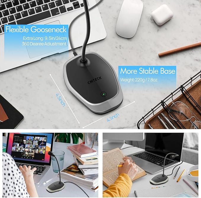 CMTECK USB Computer Microphone, Plug &Play Desktop Omnidirectional Condenser PC Laptop Mic, Mute Button with LED Indicator, Compatible with Windows/Mac, Ideal for YouTube, Skype, Recording (Gray)