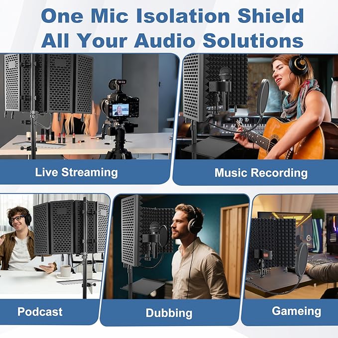Studio Microphone Stand with Isolation Shield & Pop Filter,5-Sided Tri-Layer microphone isolation shield,Studio Boom Arm Tripod for Crystal Clear Recording,Podcasting,Streaming,Home Studio Equipment