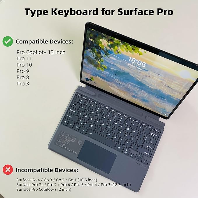 Keyboard for Microsoft Surface Pro Copilot+ (11th Edition) / Pro 11 / Pro 10 / Pro 9 / Pro 8 / Pro X, 13 inch, Detachable Type Cover with Touchpad, 7-Color Backlit & Pen Holder(Grey)