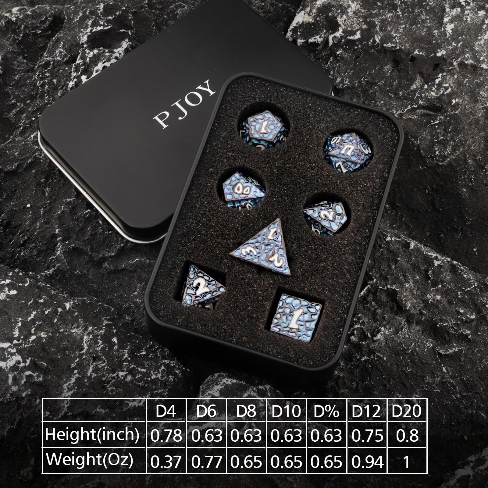 PJOY Metal DND Dice Set for Dungeons and Dragons Dice with Case Meteorite Black Blue Glitters 7PCS 16mm Role Playing Cool DND Gifts for Players D&D DM Game Masters