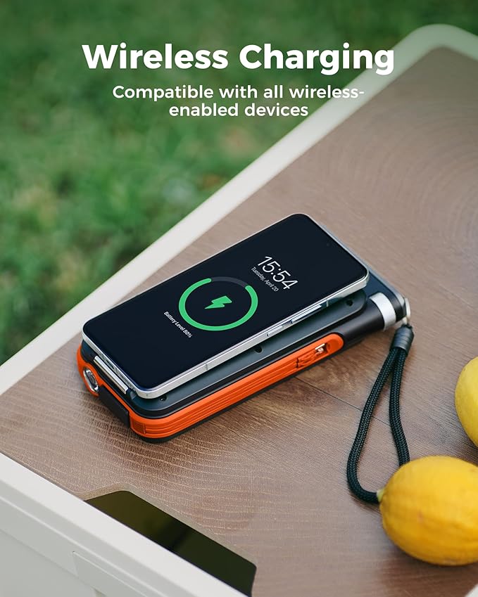 GOODaaa Solar Power Bank, 45800mAh Wireless Portable Charger Built-in Cables,15W Fast Charging Solar Charger, USB C in&Out and USB A Battery Pack for Outdoor with Emergency Radio,Flashlight
