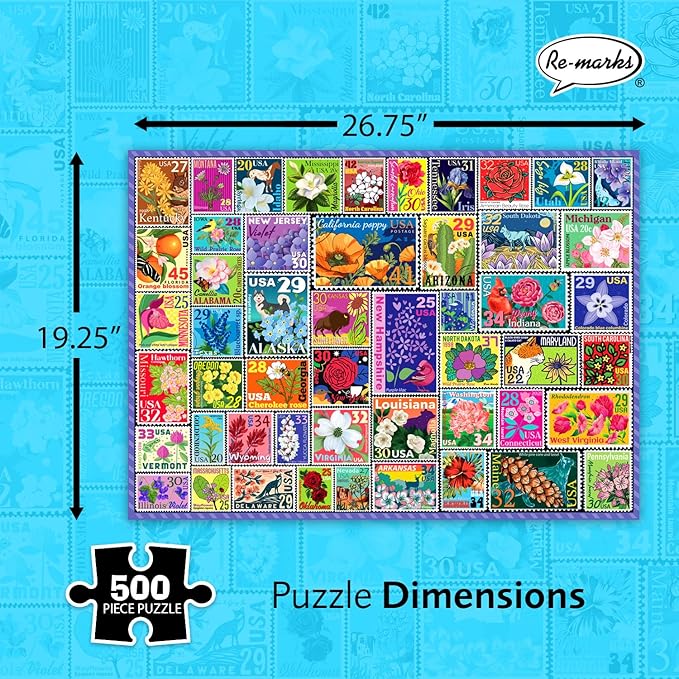 Re-marks State Flowers Stamp Collage Jigsaw Puzzle, 500 Large Piece Jigsaw Puzzle for All Ages