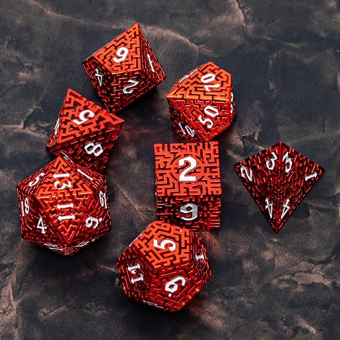 Red Metal Hollow DND Dice Set (Barbarian) Metallic Luster Maze Design with Storage Box - Balanced Weight 7 Piece Zinc Alloy, Designed for Dungeons and Dragons DM and Player RPG Accessories
