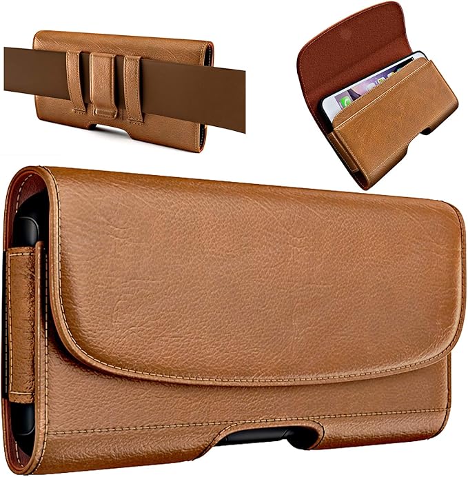 Holster for Samsung Galaxy Ultra S25 S24 S23 S22 S21 Note 20, Google Pixel 8 9 Pro XL – Extra Large Cell Phone Belt Holder Case with Clip, ID Card Pouch - Brown