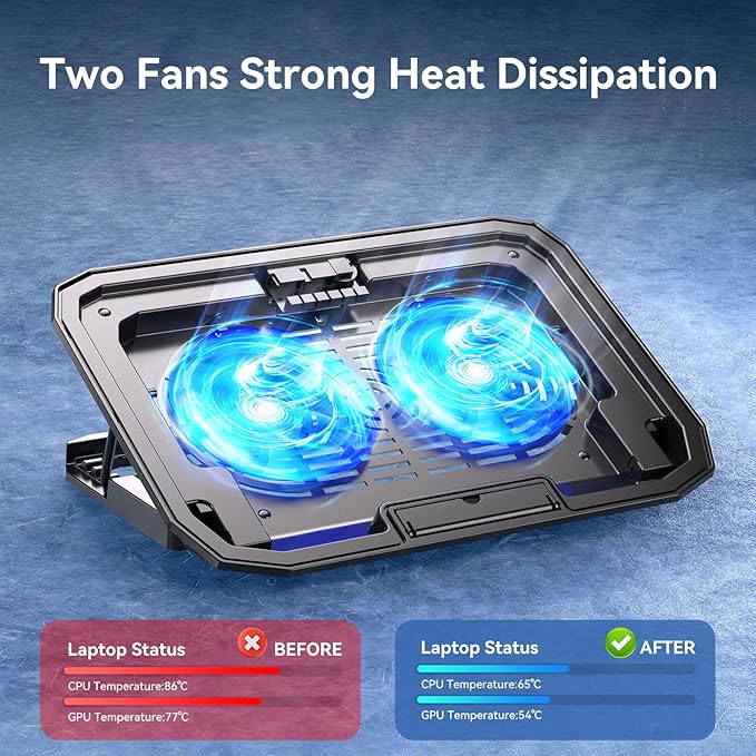 Ultra Slim Laptop Cooling Pad for 10-15.6 Inch Laptops, Portable Notebook Cooler with 2 Quiet Big Fans, Gaming Laptop Fan Wind Speed Adjustable, 5 Heights Adjustment, 2 USB Port