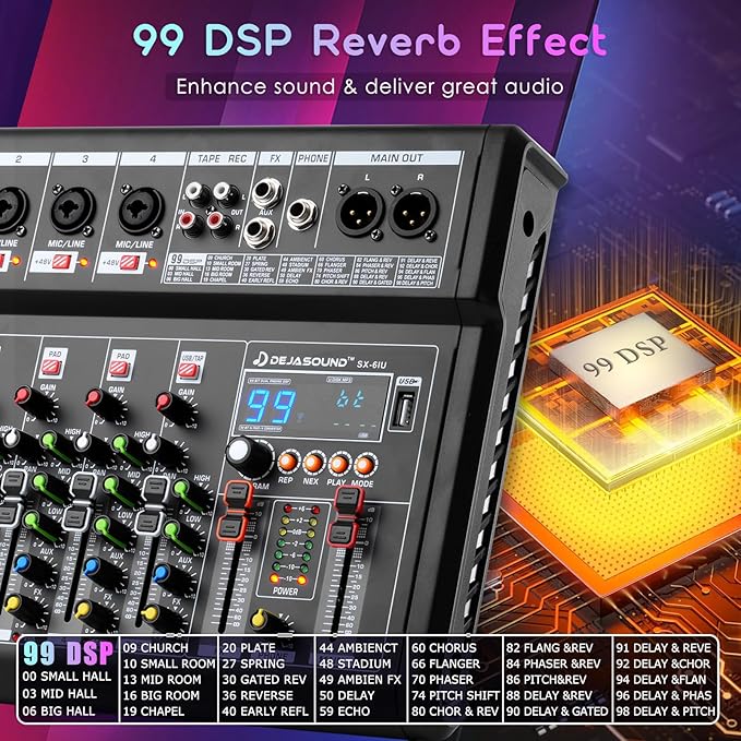6-Channel Audio Mixer for PC, SX-6iu Mixing Console with XLR Inputs, Bluetooth, 99 Digital Signal Processor Effects, USB Interface, MP3 Compatible for Podcast, Music, Recording 9.84"x2.17"x12.6"inches