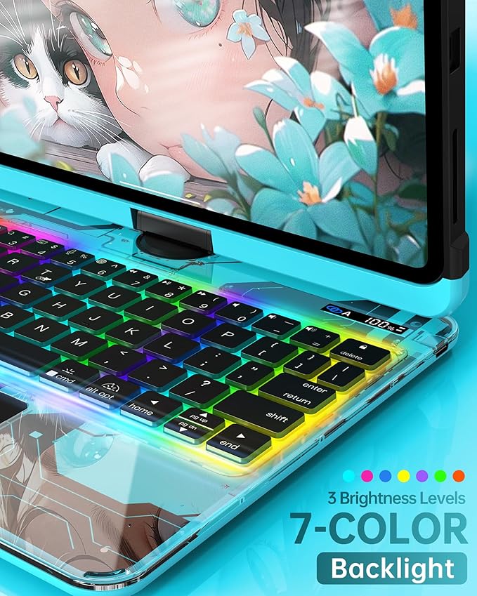 Intermerge Clear Keyboard Case for iPad Pro 11" (M4) 2024 Only, 360° Swivel Multi-Touch Trackpad, 7-Color RGB Backlit, Pencil Holder, Type-C, Power Indicator, Aqua Pulse