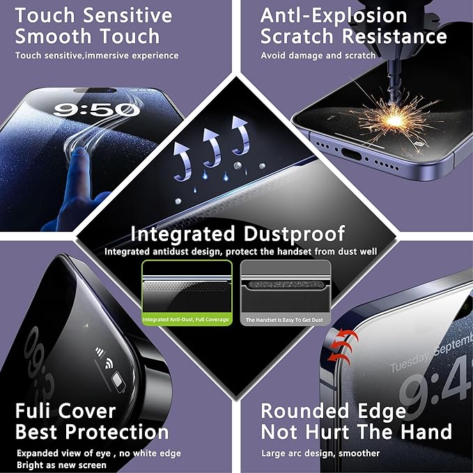 2 Pack Anti Blue Light Matte Screen Protector for iPhone 14 Pro/iPhone 15 / iPhone 16, 9H Tempered Glass, Full Coverage, Anti-Fingerprint, Auto Dust-Elimination, No Bubble, Easy Installation
