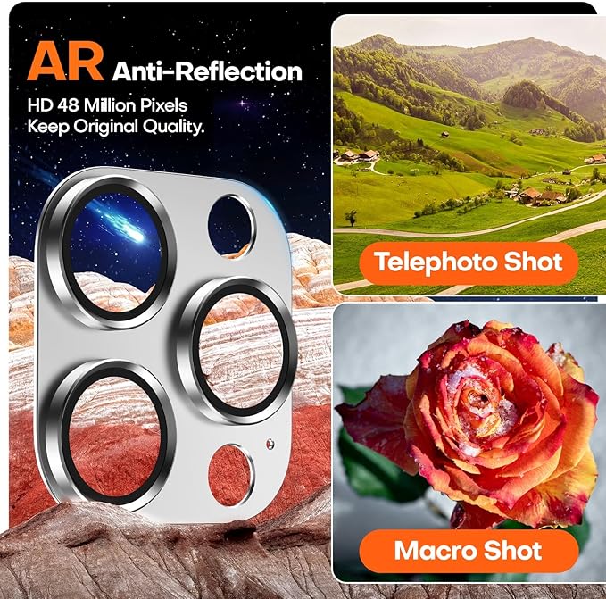 Camera Lens Protector for iPhone 16 Pro Max/16 Pro/15 Pro Max/15 Pro/14 Pro Max/14 Pro, Aluminum Alloy Sapphire Glass Camera Screen Cover, Case Friendly- White Titanium