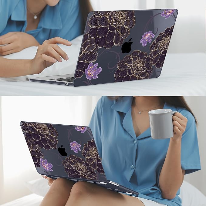 Mektron for 2025 M4 MacBook Air 13.6 Inch A3240 Case Fits 2023 A2681 M2 2024 A3113 M3 Chip with Liquid Retina Display, Printed Plastic Hard Shell Cover for MacBook Air 13.6", Golden Dahlia Flowers