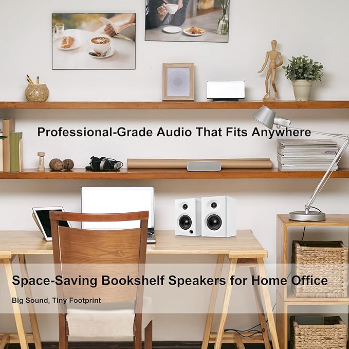 Computer Speakers for Desktop PC, 60W Powerful Sound with Deep Bass & Clear Treble – Compact Active Bookshelf Speakers for Home Office, Laptop, Music, Monitor (White, Pair)