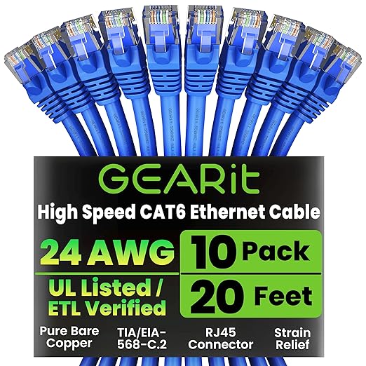 GearIT Cat 6 Ethernet Cable Pack - 10-Pack 20 ft Cat6 Ethernet Patch Cables | RJ45 Network Patch Cable, 10 Gbps Snagless Gold-Plated Connectors - Ethernet Cable Cat 6 for PC, TV, Router - Blue