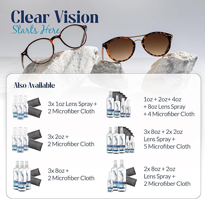 Purity Eyeglass Lens Cleaner Kit - 3 x 1oz Travel Size Lens Cleaner Spray Bottle + 2 Microfiber Cleaning Cloths - Safe for All Lenses (AR Coated Included), Eyeglasses and Screens - Clear