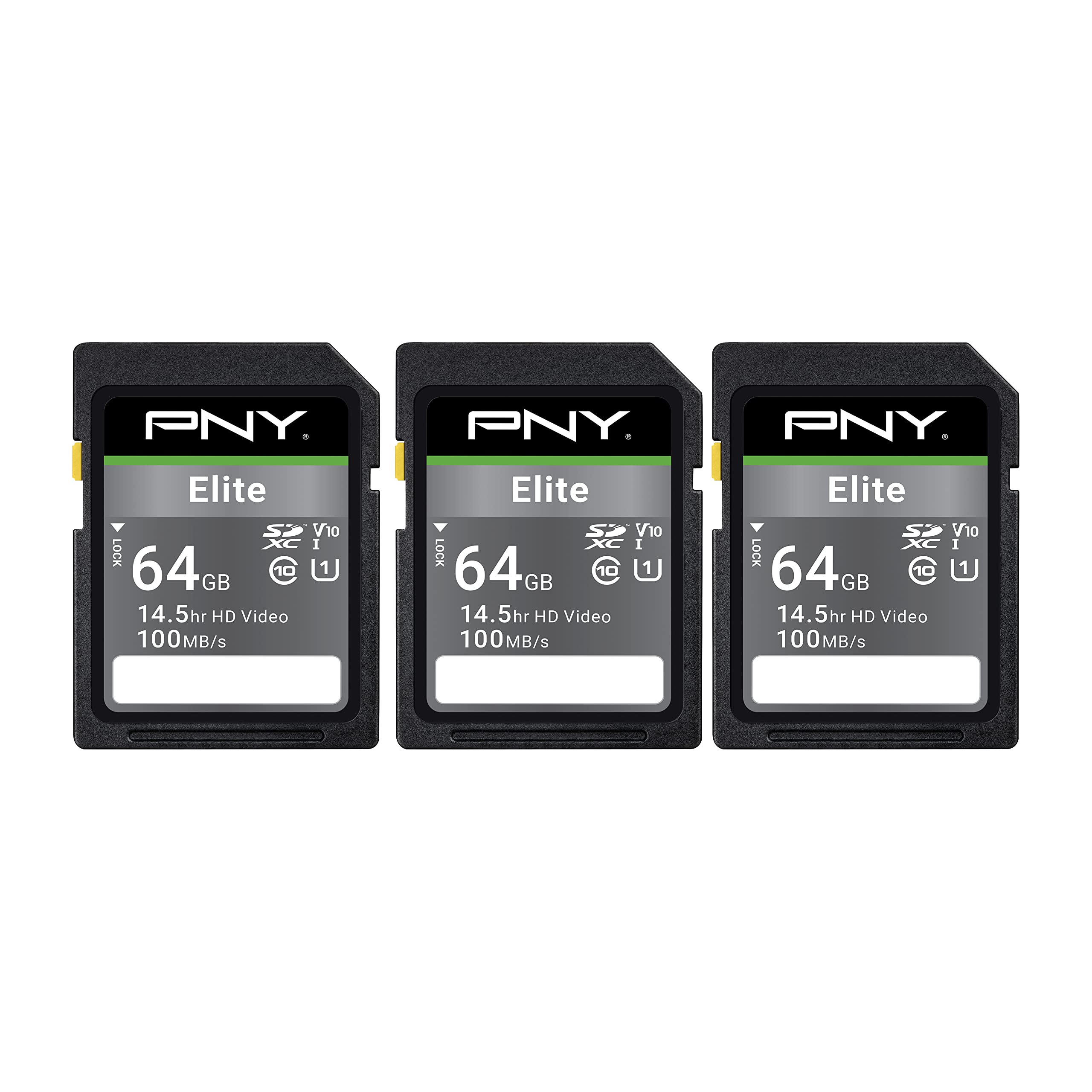 PNY 64GB Elite Class 10 U1 V10 SDXC Flash Memory Card - 100MB/s Read, Class 10, U1, V10, Full HD, UHS-I, Full Size SD (P-SD64GX3U1100EL-MP) (Pack of 3)