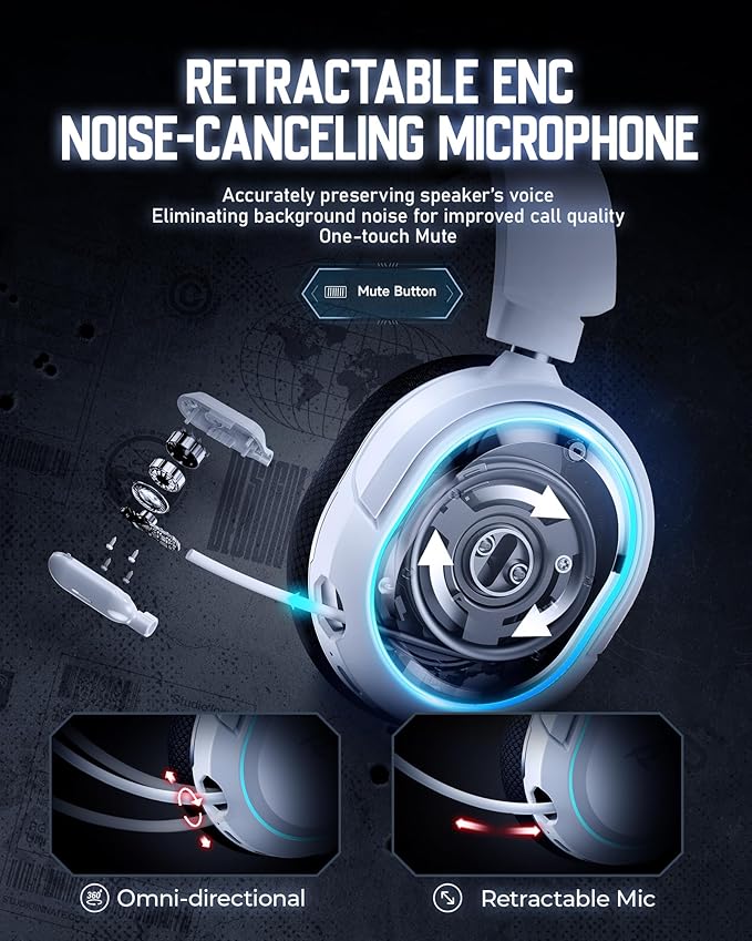 Wireless Gaming Headset, 7.1 Surround Sound, 2.4GHz USB Gaming Headphones with Bluetooth 5.4, 100H Battery, ENC Noise Canceling Mic, RGB Light, Wireless Headset for PC PS5 PS4 Mac Switch (Black-White)