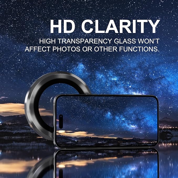 Choiche Compatible for iPhone 16 Pro/iPhone 16 Pro Max Camera Lens Protector, 9H Tempered Glass Camera Cover Screen Protector Metal Ring Decoration Accessories (Black)