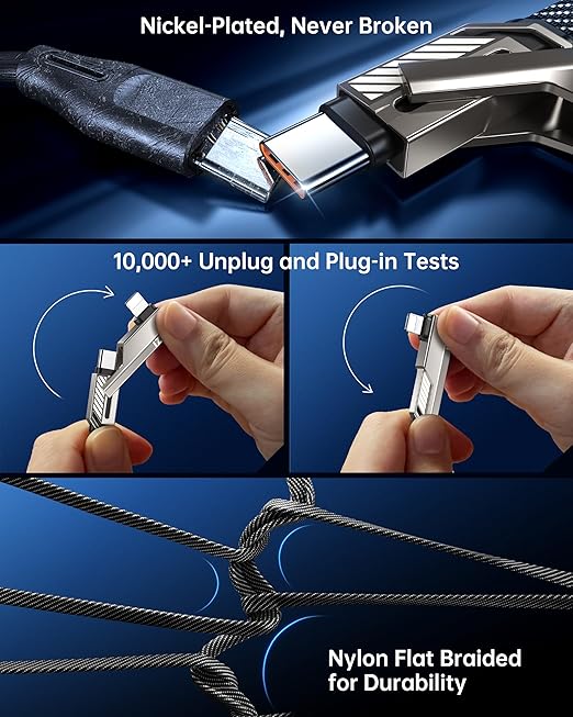 SHEZI 4-in-1 [Upgraded] USB C Cable 10FT Compatible with Lightning Cable 90 Degree, Long Fast Charging Flat Nylon Braided for iPhone 16/15 Charger Cord, Multi Charging Combo with L/USB C/USB A Ports