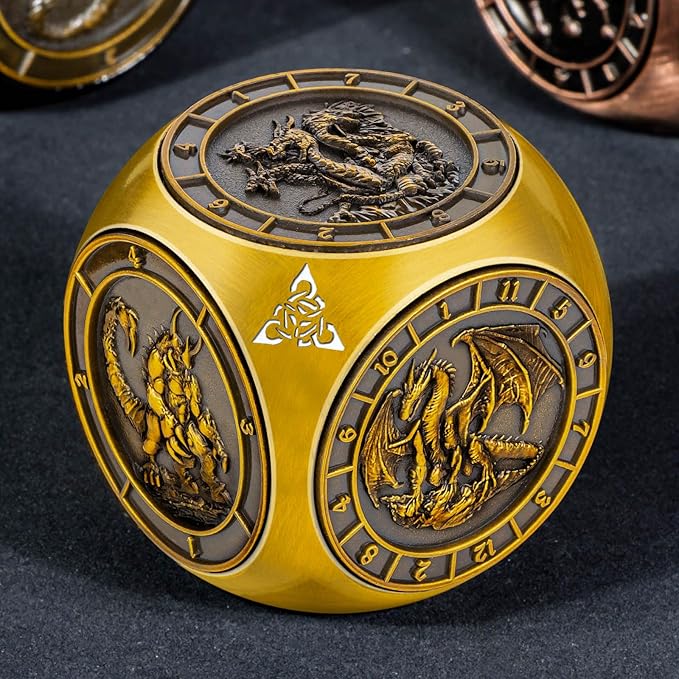 7 in 1 D6 Spinner DND Dice Set D&D, Metal Cube D and D Dice with Gift Box, Dungeons Dragons Role Playing Dice, Gold