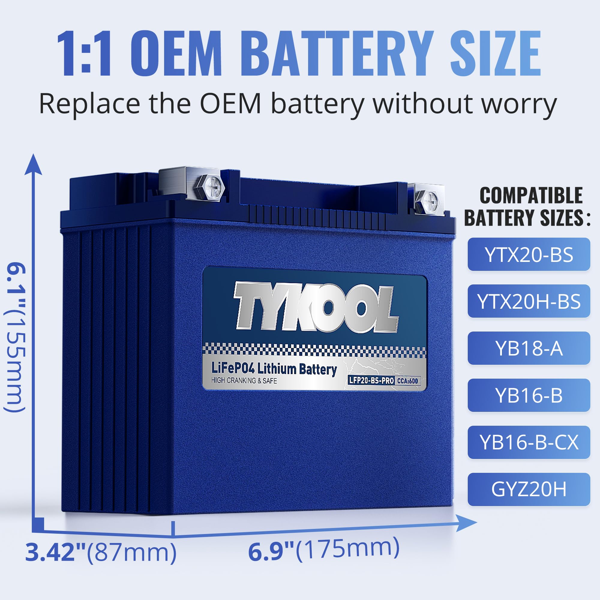 TYKOOL LFP20-BS-PRO Lithium Battery, Replaces YTX20-BS YTX20H-BS GYZ20H, 650CCA 12Ah fits for Indian Chief Scout Arctic Cat Alterra ZR 8000 Yamaha SR Viper Moto Guzzi California, Digital Readout [+ -]