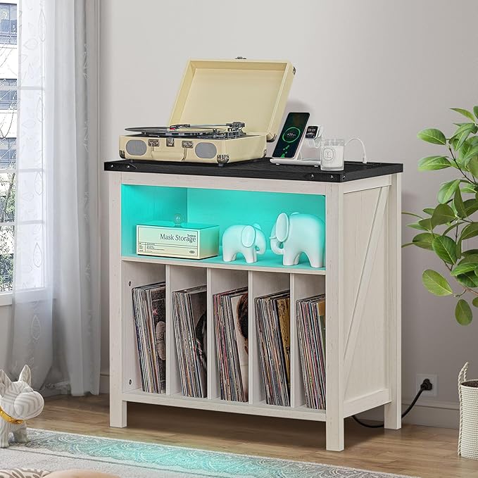 Large Record Player Stand with Charging Station & LED Lights, Vinyl Records Storage Holder Cabinet Holds up to 230 Albums, Turntable Stand for Music Room, Bedroom, Living Room, Office (White)