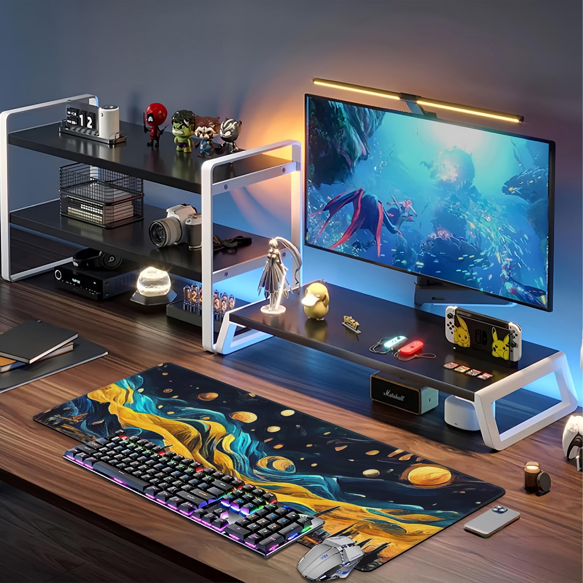 The Starry Night Desk Mat,Large Vincent Van Gogh Oil Painting Gaming Keyboard Mouse Pad,Non-Slip Rubber Base Desk Pad Thick Stitched Edges Waterproof Mousepad Mouse Mat 31.5"x11.8"