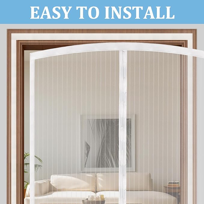 Magnetic Screen Door - Self Sealing, Heavy Duty, Hands Free Mesh Partition Keeps Bugs Out Let Breeze in- Pet and Kid Friendly - Keep Open Feature (White, Fit Door Size 32x 82 Inch)