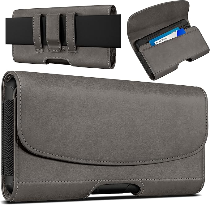 PiTau Holster for Samsung Galaxy Ultra S25 S24 S23 S22 S21 S20 A73 A54 A53, Phone Belt Clip Holder Case for Google Pixel Pro XL 9 8 7 6 4 3, Men's Big Cellphone ID Card Carrying Pouch, Pewter X-Large