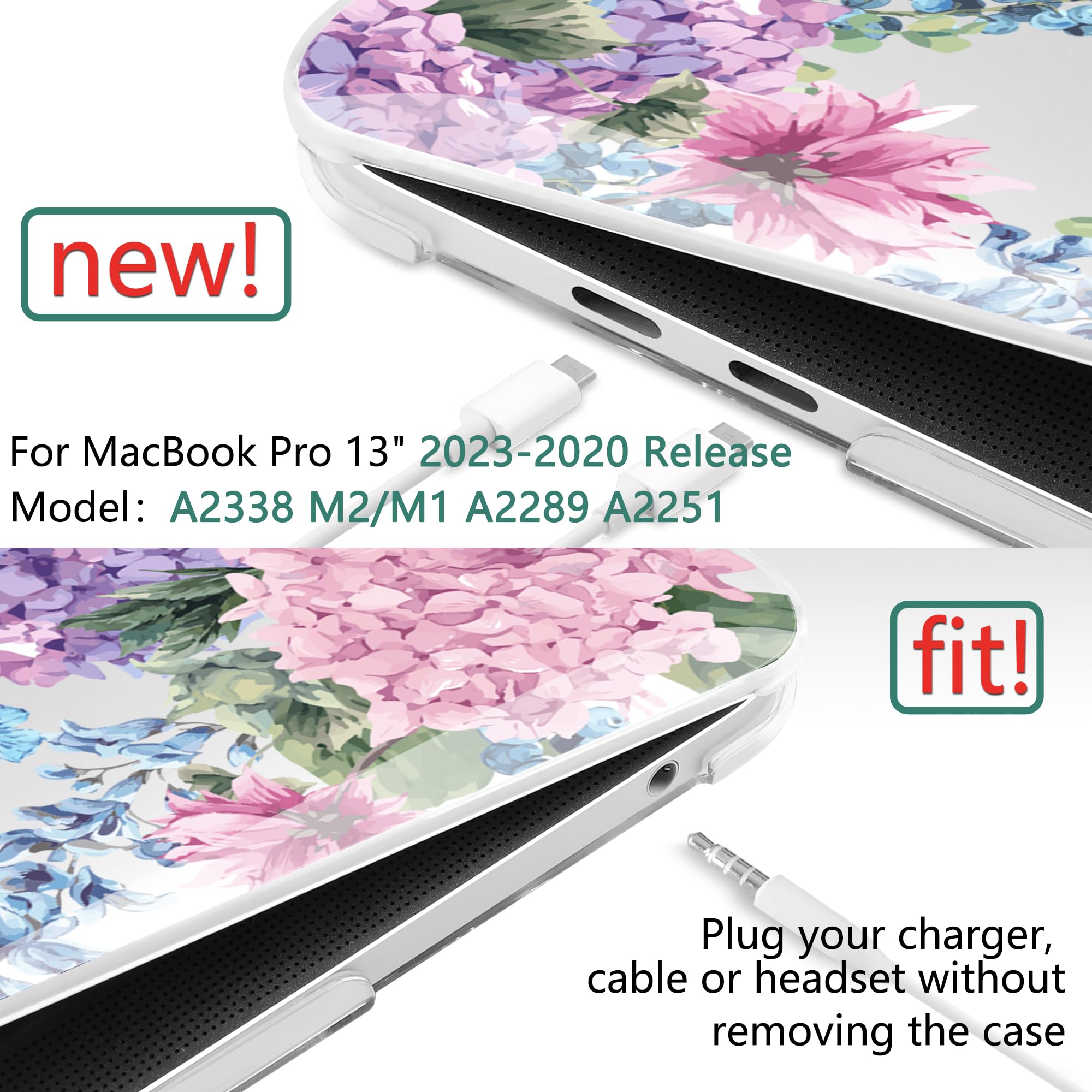 TWOLSKOO Compatible with MacBook Pro 13 inch Case 2023-2016 A2338 M2/M1 A2251 A2289 A2159 A1989 A1706, Plastic Hard Shell Cover & Keyboard Skin & Screen Protector, Colorful Hydrangea