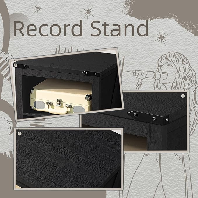 Record Player Stand with Vinyl Record Storage - Holds up to 160 Albums, Large Wooden Turntable Table, Black Cabinet Display Shelf for Living Room, Bedroom, Office