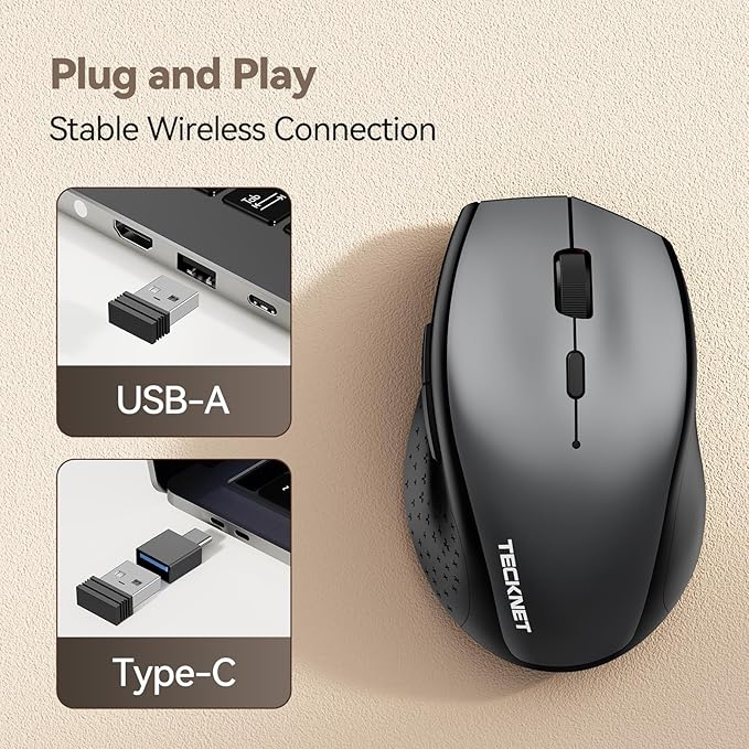 TECKNET Wireless Mouse Jiggler, USB-C Rechargeable Mouse, Silent Mouse Quiet Click, Build-in Mouse Mover, 6400 DPI Ergonomic Mouse, 2.4G Cordless Computer Mice for Mac, Laptop, Desktop, PC