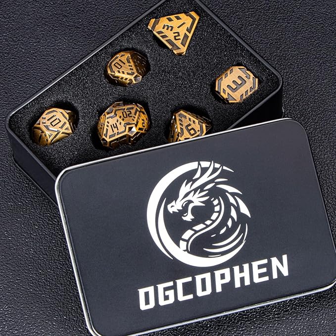 Metal DND Sci-fi Dice Set 7PCS Stripe Polyhedral Dice for Dungeons Dragons RPG Role Playing Game, Glitter D and D Dice with Gift Box D6 D8 D10 D12 D20 (Antique Gold)