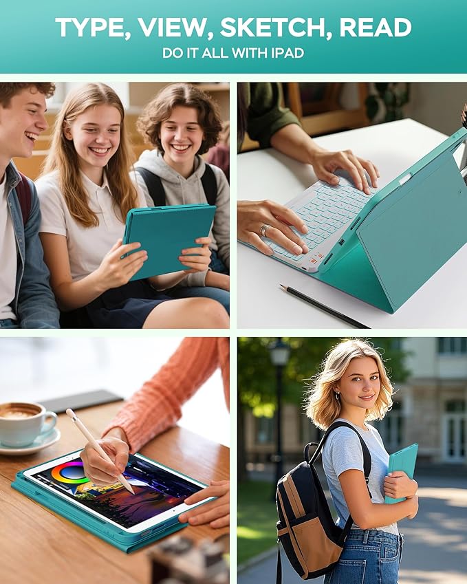 Keyboard Case for iPad 9th 8th 7th Generation 10.2" - 7 Colors Backlit Detachable Folio Keyboard Cover with Pencil Holder for iPad Pro 10.5" / iPad Air 3rd Gen (Cyan)