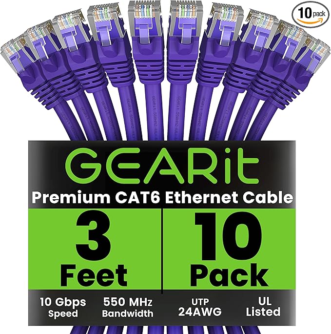GearIT Cat 6 Ethernet Cable (10-Pack 3 Feet) Cat6 Network Patch, 10Gbps, RJ45, Snagless Cord, Gold-Plated Connectors, Internet for PC, TV, Tablet, Router, Printer, Servers, IT Data Center - Purple