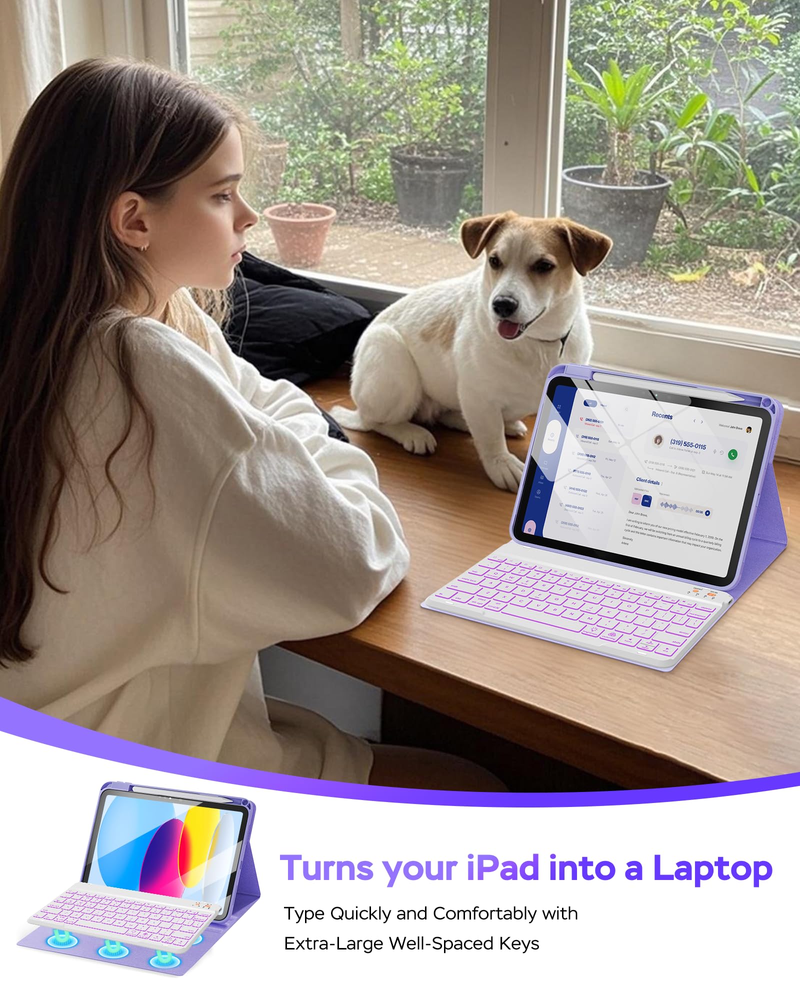 Senyoson for iPad A16 Case with Keyboard - 7 Color Backlit Magnetic Wireless Detachable Folio Keyboard Cover with Pencil Holder for iPad 11th 10th Generation, Purple
