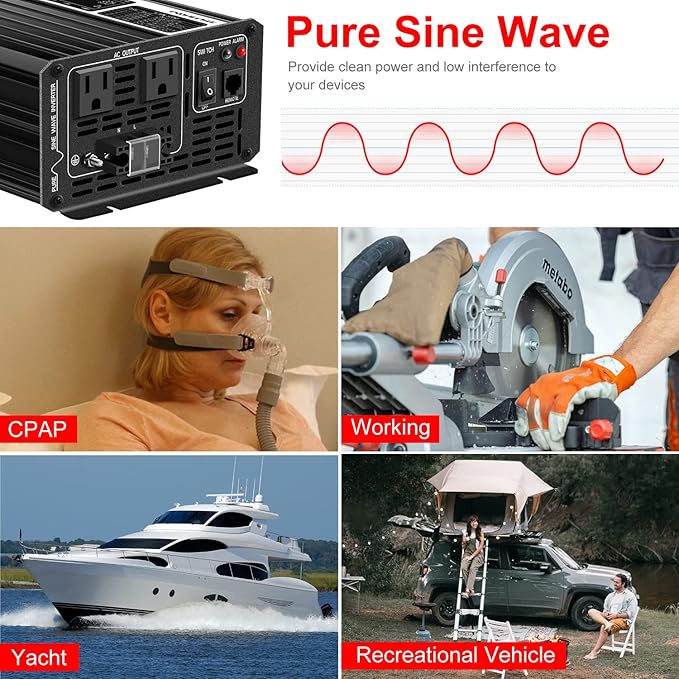 DC 12v AC 120V 60HZ Pure sine Wave 3000w Solar Power Inverter with Remote Switch&Soft Start for Home (DC12V (Range 10V-15V) 3000W)…