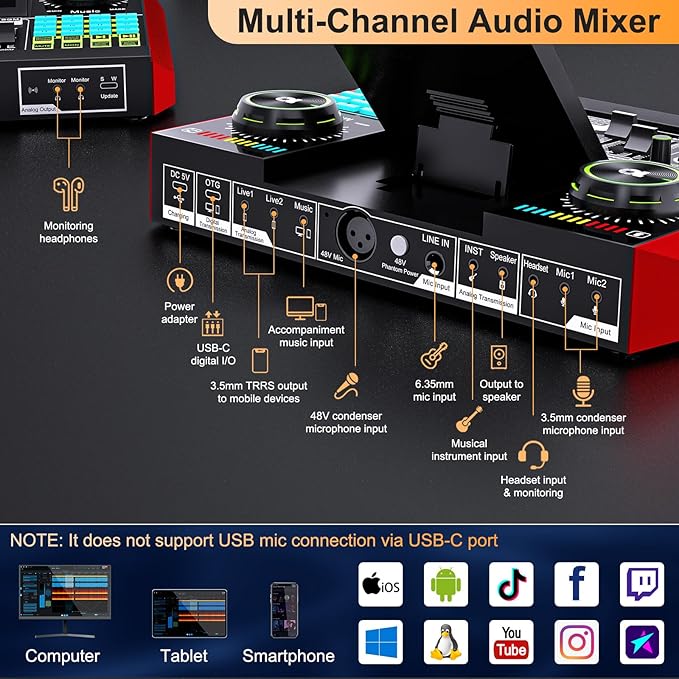 Audio Mixer, Sound Board for Pc/Phone Live Streaming Singing Gaming, Sound Mixer for 3.5mm/Xlr Dynamic/48V Microphone, Live Sound Card with DJ Mixer Effects & Voice Changer, Denoise, One Click Mute
