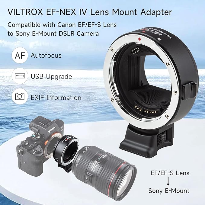 VILTROX EF-NEX IV Lens Adapter - Auto-Focus EF to E Mount Ring Compatible with Canon EF/EF-S Lens for Sony E Mount Camera: NEX A9II, A7III, A9, A7RIII, A7RII, A7R, A7M3