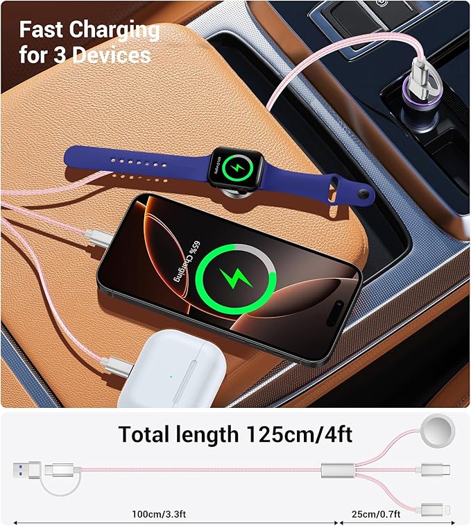 Temdan for Travel Vacation Essentials,3 in 2 USB C Cable for Apple Watch Charger/iPhone 16 Charger/Lightning,Multi Charging Cable Cord,Camping Essentials,Designed for iWatch & iPhone 16-12-4FT Pink