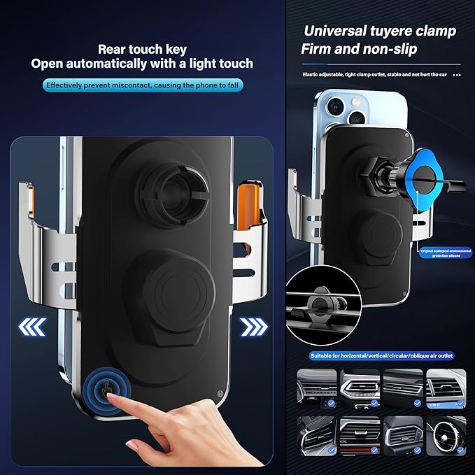 Wireless Car Charger Holder, 15W Fast Charging Car Phone Holder Charger Auto-Clamping 360° Rotation Adjustable Air Vent Phone Mount Car Charger with Luminous Logo for iPhone 16 15 14 13 S24 S23 S22
