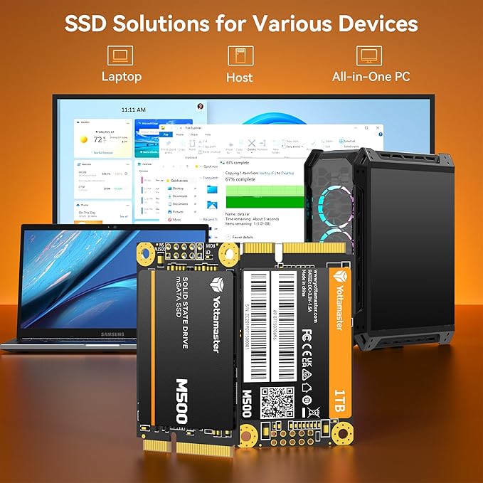 Yottamaster M500 1TB mSATA SSD SATA III 6Gb/s, mSATA Internal Solid State Drive Up to 500MB/s, Mini-SATA with 3D NAND, Compatible with Ultrabooks Desktop PC Laptop, All-in-One PCs, 30x50mm