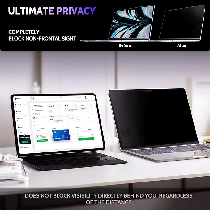 Privacy Screen for MacBook Air 15 Inch (2023-2025, M2, M3, M4)- A2941 A3114 A3241, MagicSuction™ Removable Anti Spy Black Protector, Glare Blue Light Filter for Mac Laptop Computer