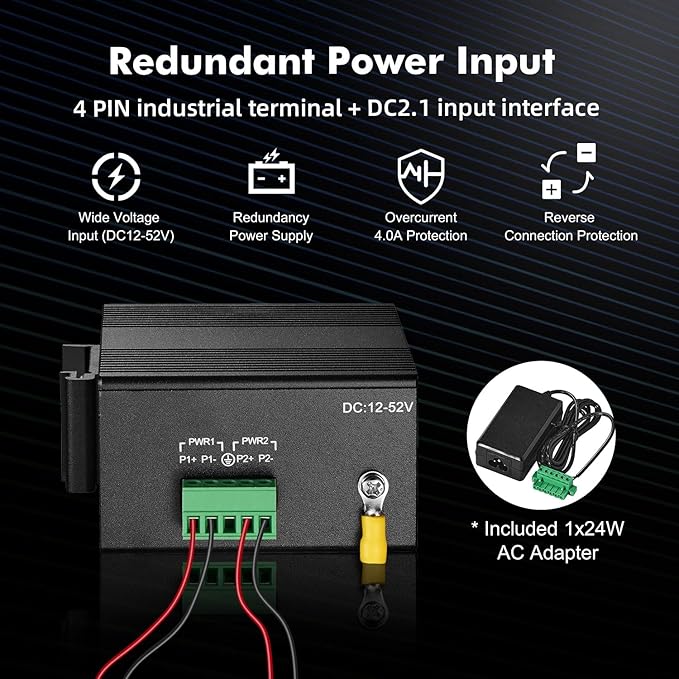 MokerLink 10 Port Gigabit Industrial DIN-Rail Ethernet Switch, Unmanaged IP40 Network Switch (-40 to 185°F), Mini Size, with Power Supply