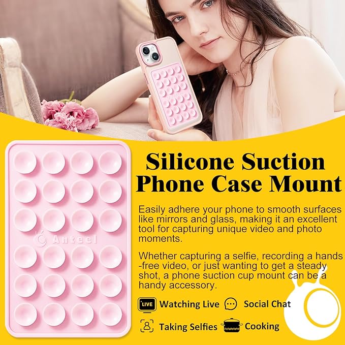 Anteel MAX Silicone Suction Phone Case Adhesive Mount, Upgraded Super Strong Grip, Durable, Easy to Use, Hands-Free Sticky Phone Holder for Selfies, Tiktok Videos, 2.56"x3.94" (Translucent)