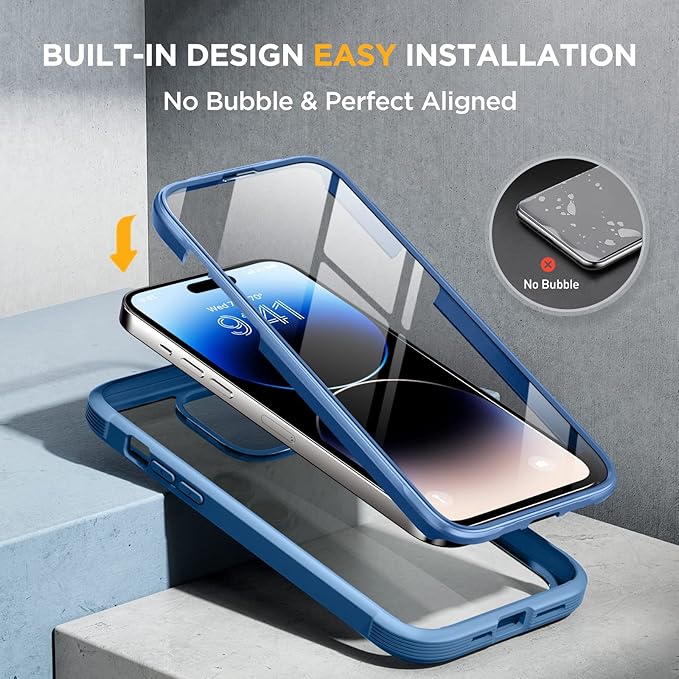 Miracase Glass Series Designed for iPhone 14 Pro Max Case 6.7 Inch, Upgrade Full-Body Bumper Case with Built-in 9H Tempered Glass Screen Protector, with Camera Lens Protector, Capri Blue