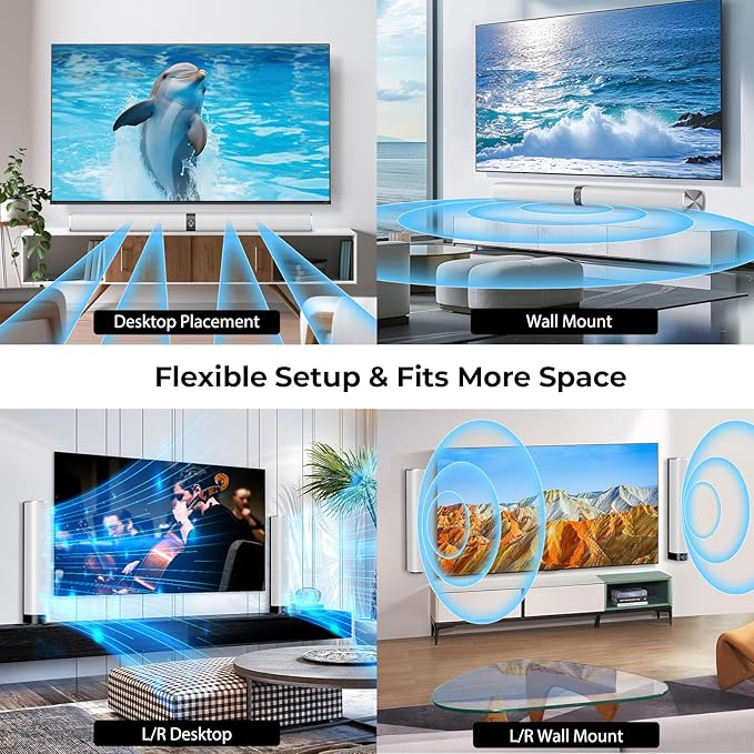 Sound Bar for Smart TV, 80W Soundbar with Bluetooth/ARC/Opt/AUX Connect, Auto Volume Boost, 3 Equalizer Modes, 2 in 1 Detachable Soundbar for TV/PC/Gaming/Projectors